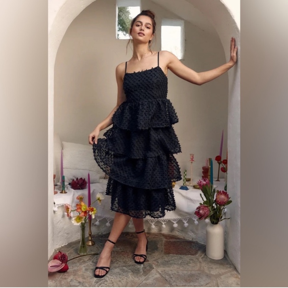 LULU'S |  Flirting with You Black Tiered Pom Pom Midi Dress NWT
